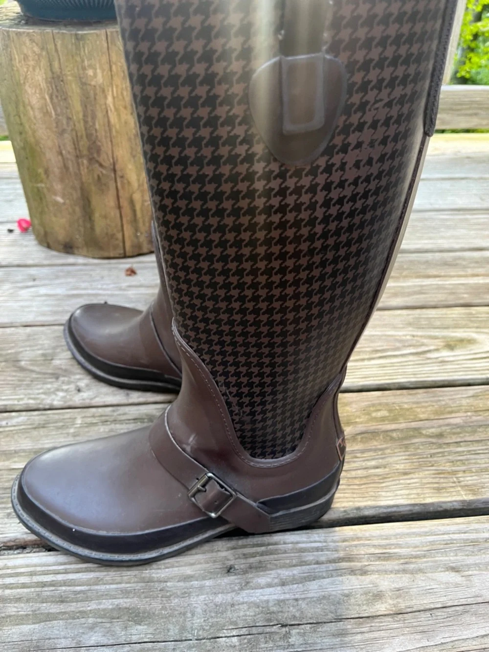 L.L.Bean Wellie Houndstooth Tall Rain Boots waterproof vulcanized rubber brown